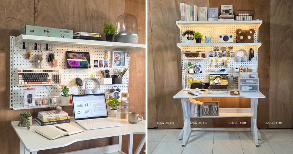 Góc bàn học tối giản, đơn giản với bảng pegboard kẹp bàn