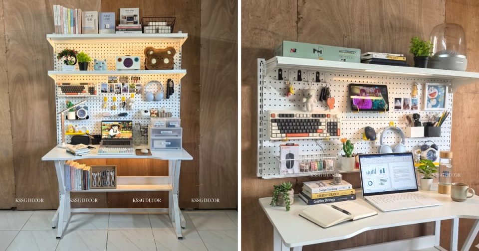 Góc bàn học kiểu Hàn Quốc với bảng pegboard kẹp bàn
