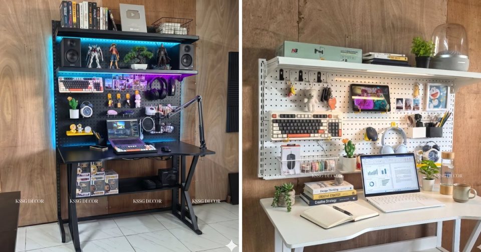 Góc bàn học cho nam, bàn gaming với bảng pegboard
