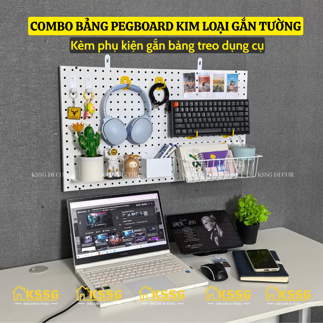 COMBO BẢNG PEGBOARD KIM LOẠI GẮN TƯỜNG KÈM PHỤ KIỆN LINH GẮN BẢNG