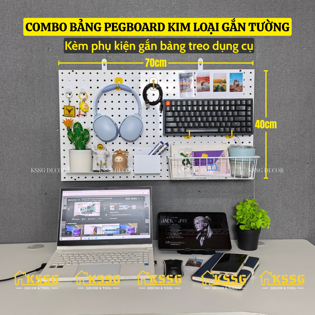 COMBO BẢNG PEGBOARD KIM LOẠI GẮN TƯỜNG KÈM PHỤ KIỆN LINH GẮN BẢNG