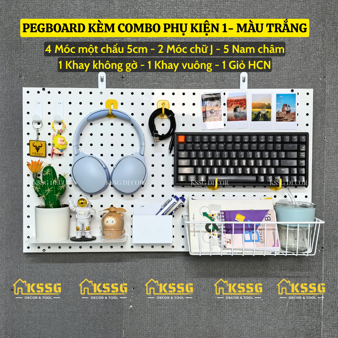 COMBO BẢNG PEGBOARD KIM LOẠI GẮN TƯỜNG KÈM PHỤ KIỆN LINH GẮN BẢNG