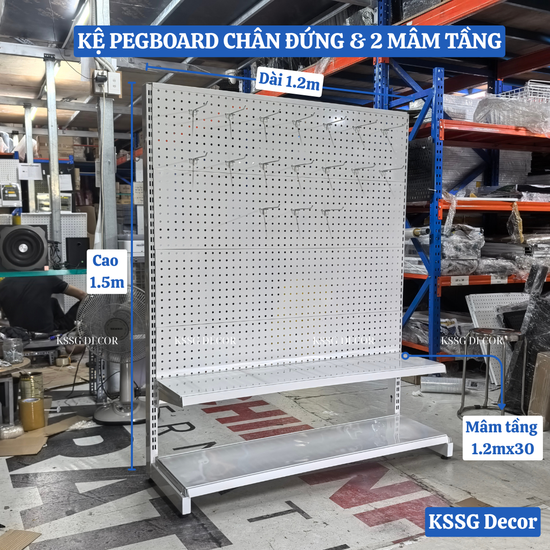 KỆ PEGBOARD CHÂN ĐỨNG CAO 1m5 x Dài 1m2 – 2 Mâm tầng